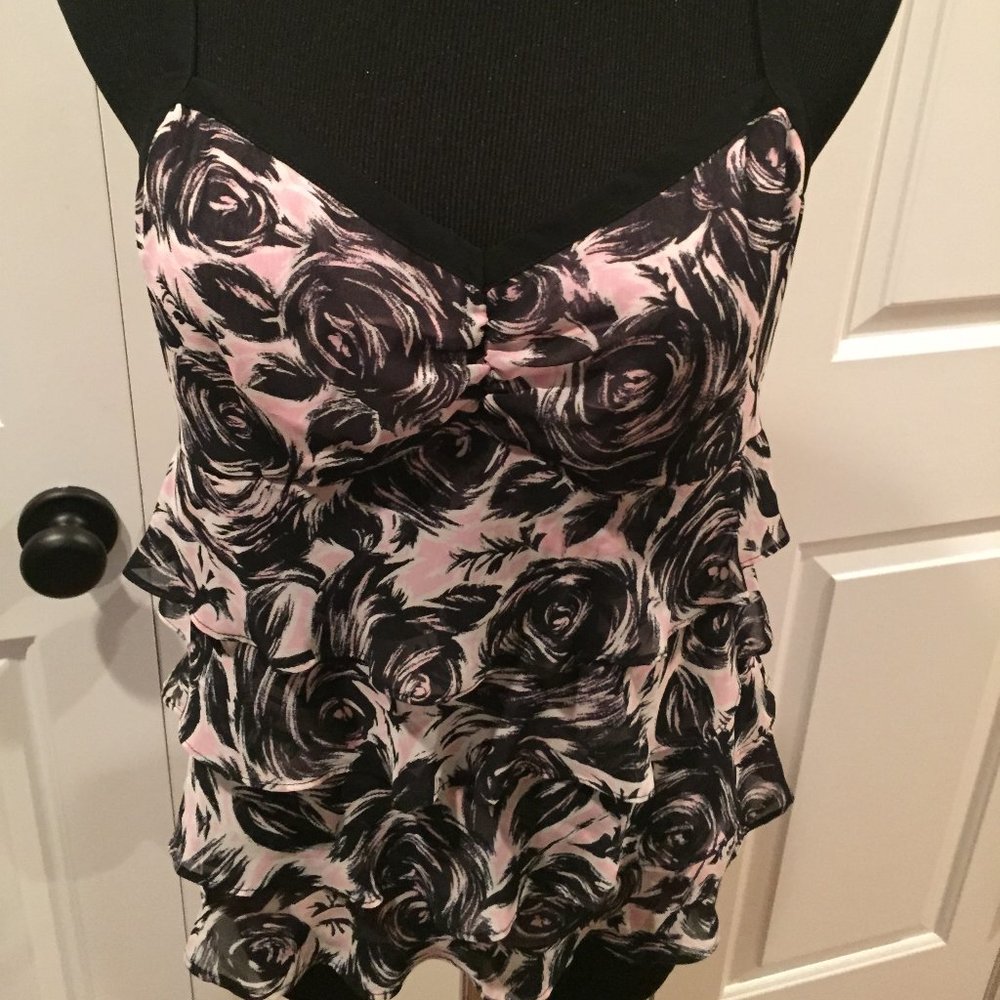 Loft Pink/Black/White Spaghetti Strap Ruffle Top 4